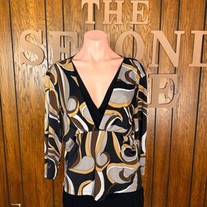 Cato Blouse Women Large Black Brown Retro Swirl Y2K Grunge V-Neck Wrap Top